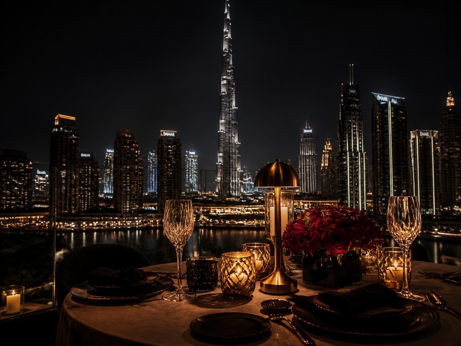 Candlelit fine dining table overlooking the Dubai skyline at night